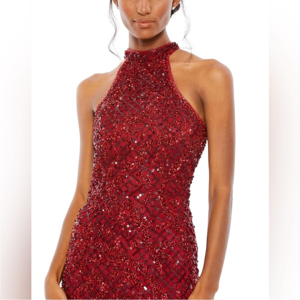 Mac Duggal 4112 Embellished Sequin Halter Backless Column Gown Garnet size 2 - Picture 4 of 6